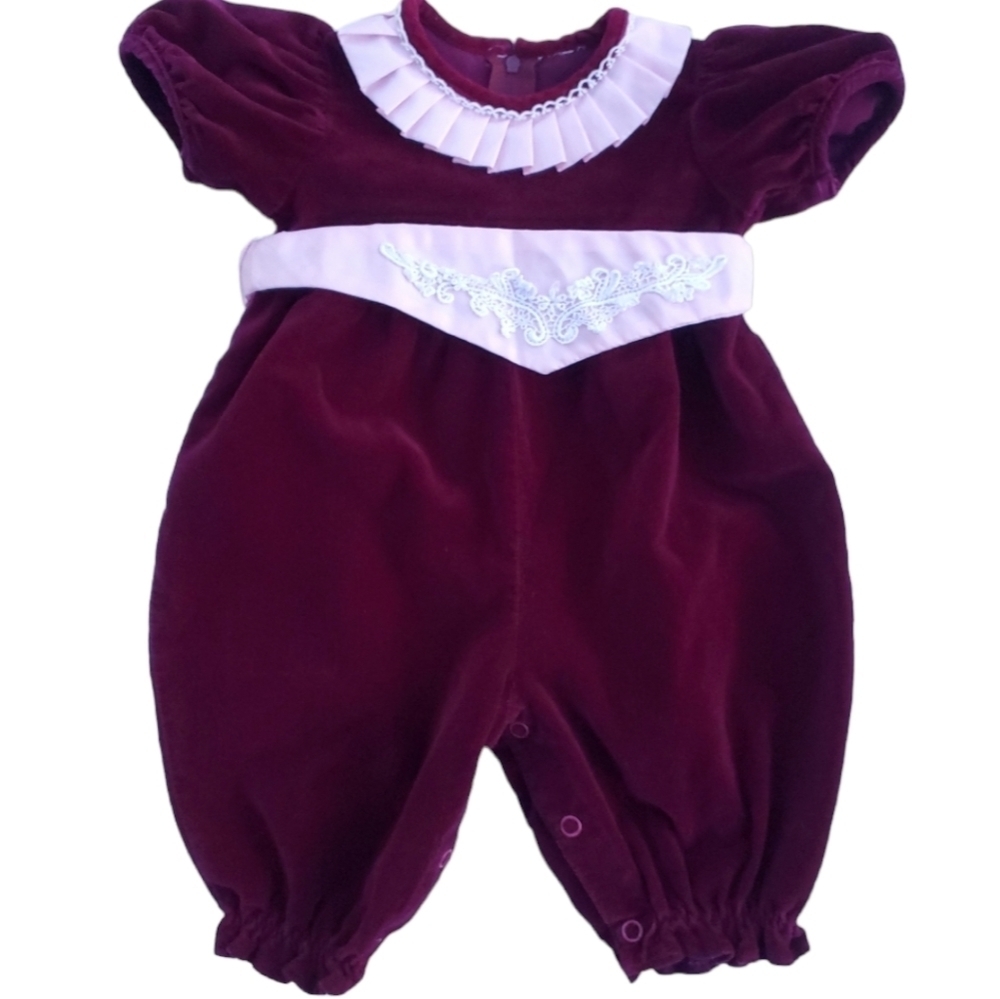 Vintage Jumpsuit Romper Burgundy|Pink Velvet Baby Girls 3-6 Months